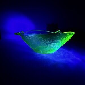 Lancaster Glass Co. Debbra Uranium Glow Glass Bowl with handles 7 1/2" W